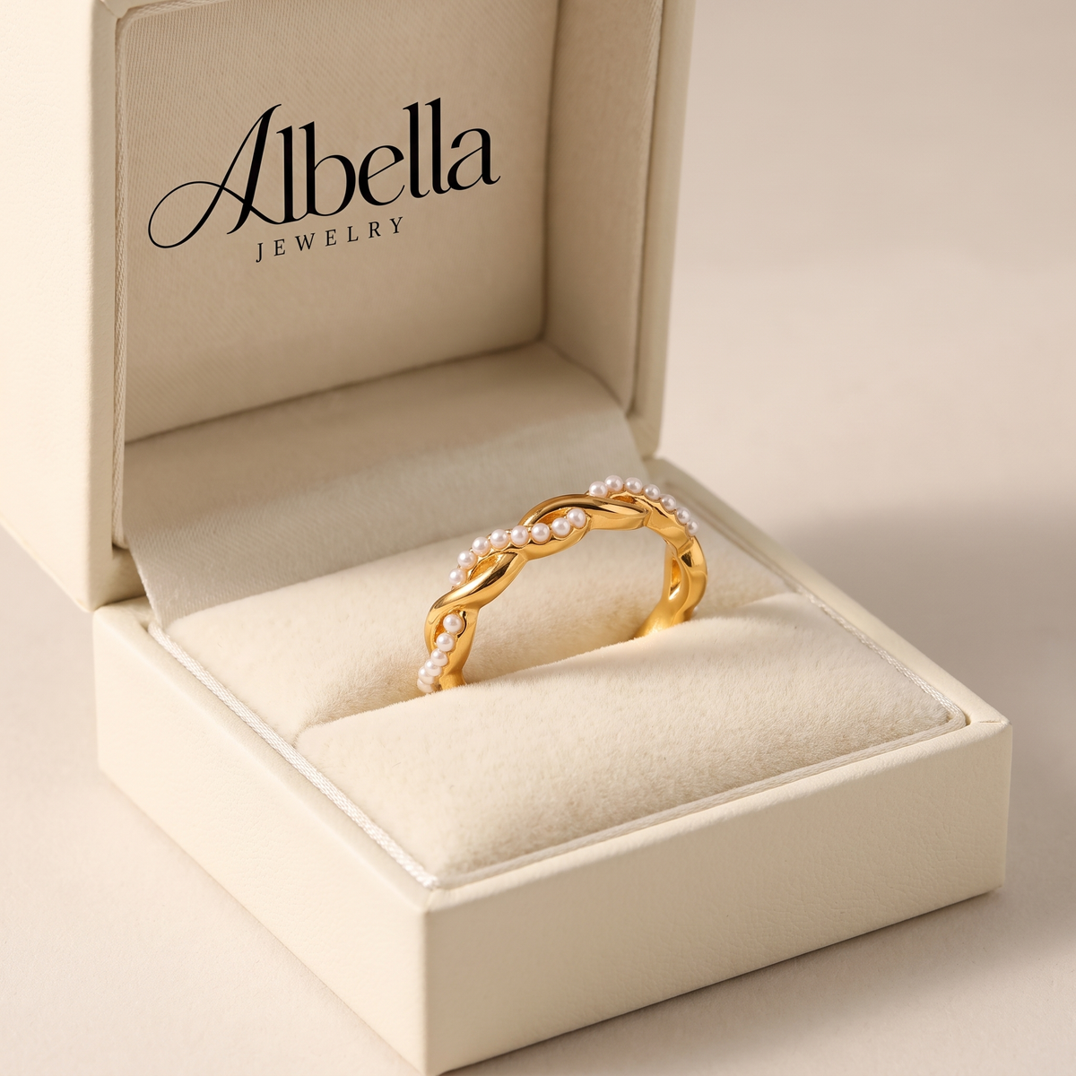 Dainty Gold Twisted Pearl Stacking Ring in Albella Jewelry gift box
