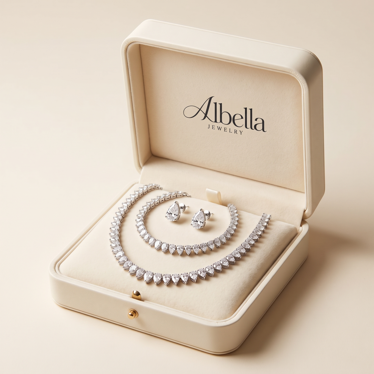 Complete Bridal Set with Round Clear Cubic Zirconia in Albella Jewelry gift box