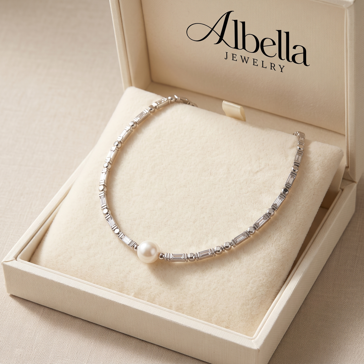 Exquisite Pearl Necklace – White Gold in Albella Jewelry gift box