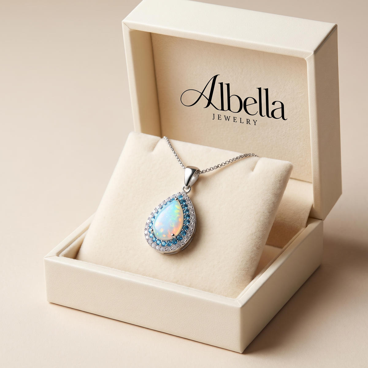 Elegant Sparkling Blue Opal Pendant Necklace – White Gold in Albella Jewelry gift box