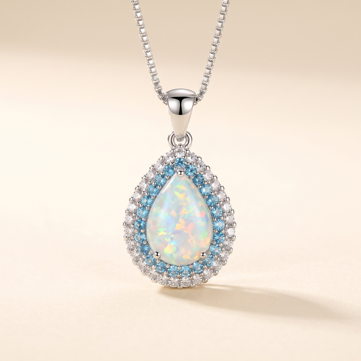 Elegant Sparkling Blue Opal Pendant Necklace – White Gold – Albella Jewelry
