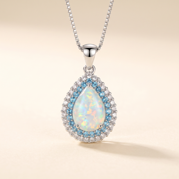 Elegant Sparkling Blue Opal Pendant Necklace – White Gold – Albella Jewelry