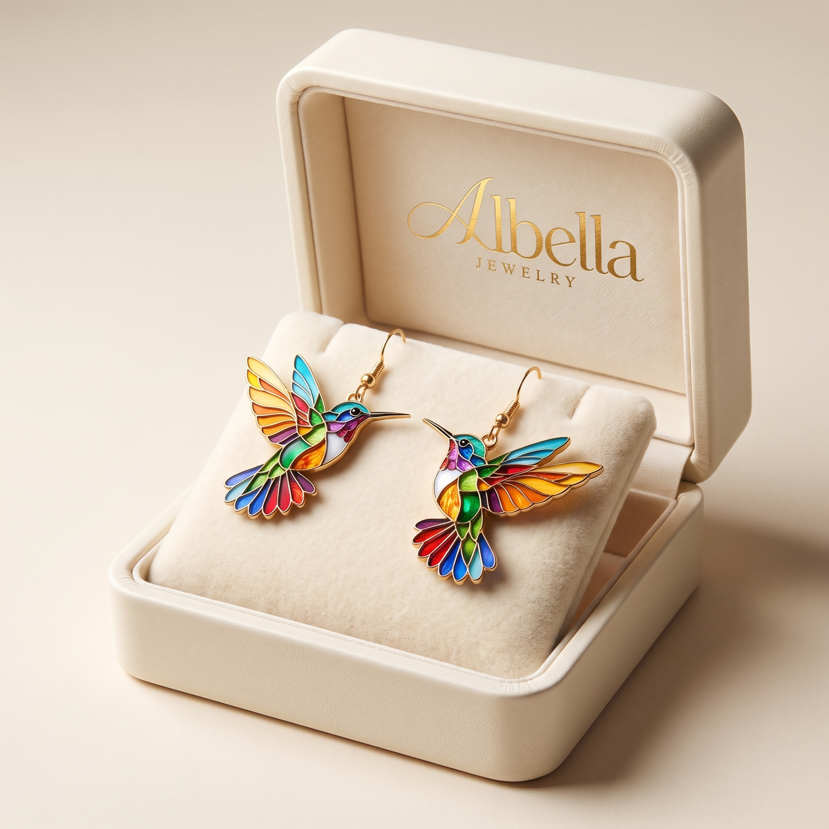 Colorful Hummingbird Earrings – White Gold in Albella Jewelry gift box