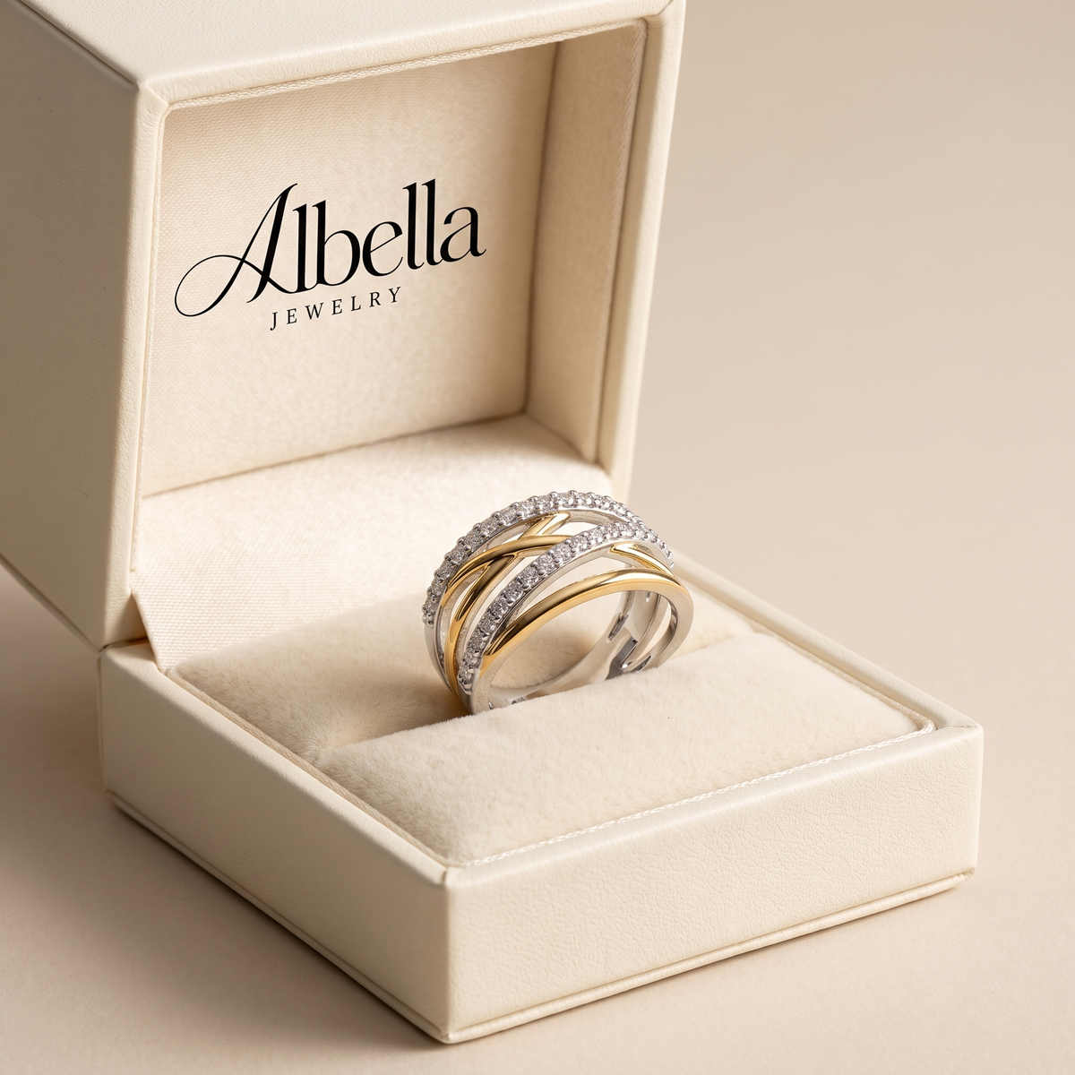 Radiance Zirconia Ring – Silver & Gold Mixed in Albella Jewelry gift box