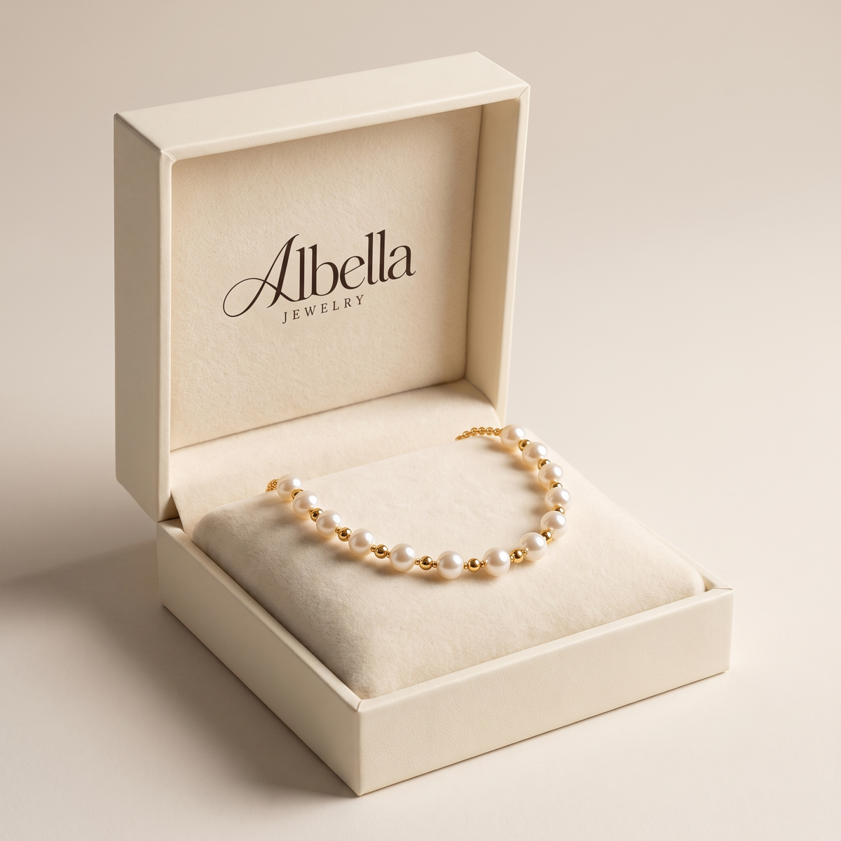 Spaced Pearl Chain Necklace – Gold in Albella Jewelry gift box