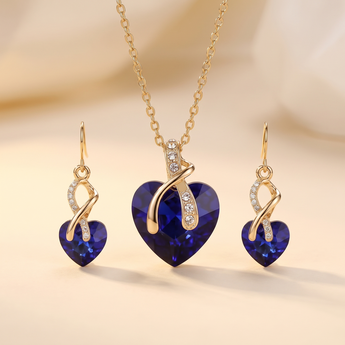 Sapphire Heart Necklace & Earrings Set – Gold – Albella Jewelry