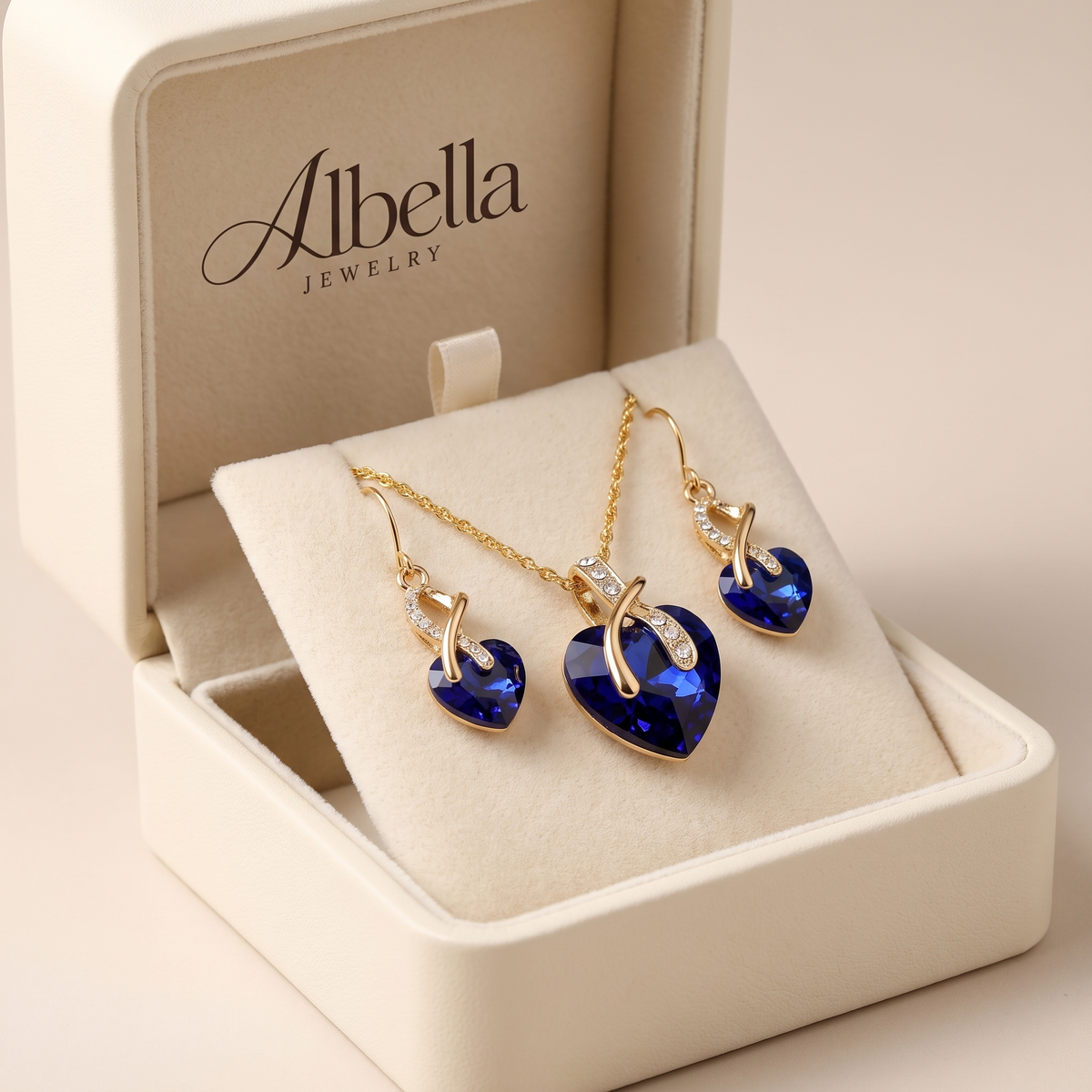 Sapphire Heart Necklace & Earrings Set – Gold in Albella Jewelry gift box