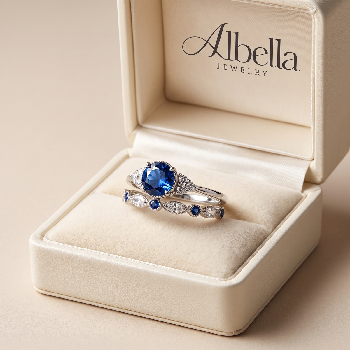 Sapphire Halo Ring – Silver in Albella Jewelry gift box