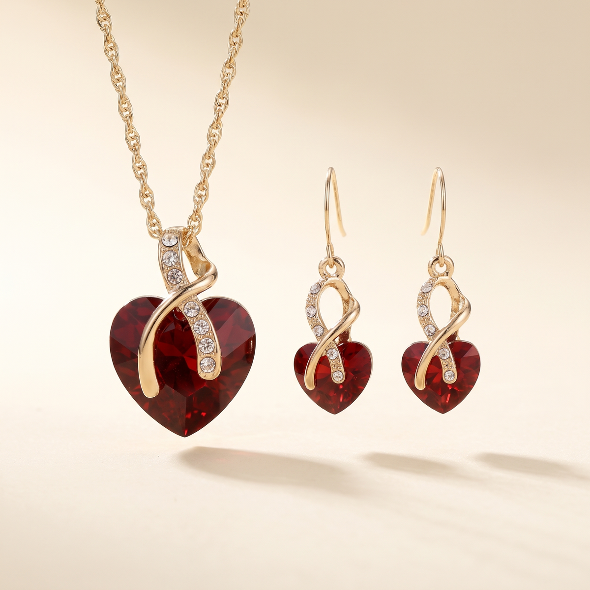 Twisted Ruby Heart Jewelry Set – Gold – Albella Jewelry