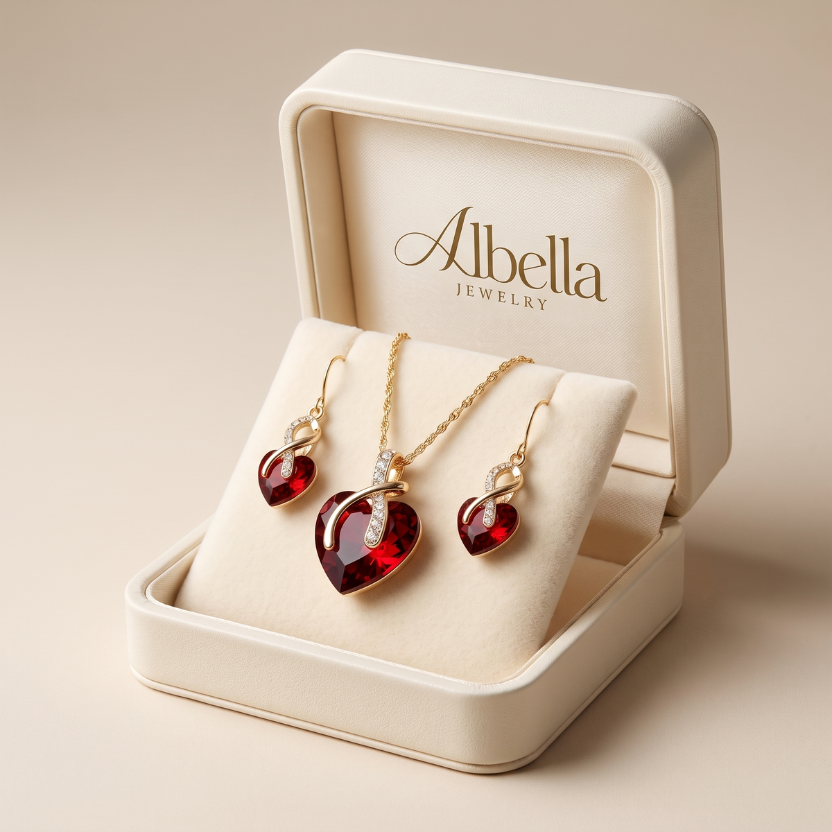 Twisted Ruby Heart Jewelry Set – Gold in Albella Jewelry gift box