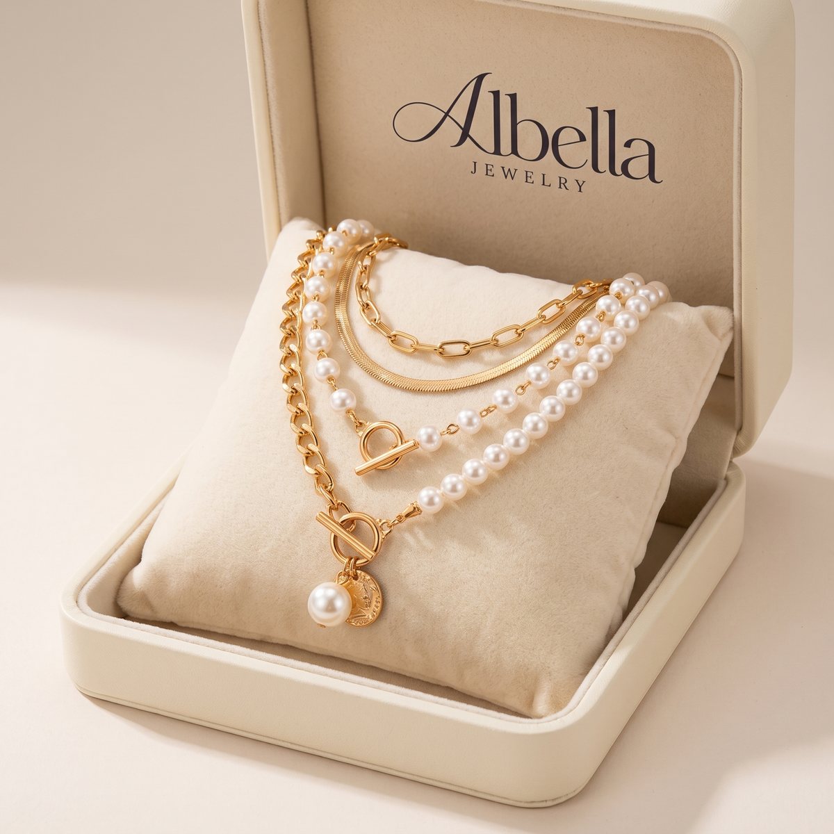 Vintage Pearl & Snake Chain Necklace Set in Albella Jewelry gift box