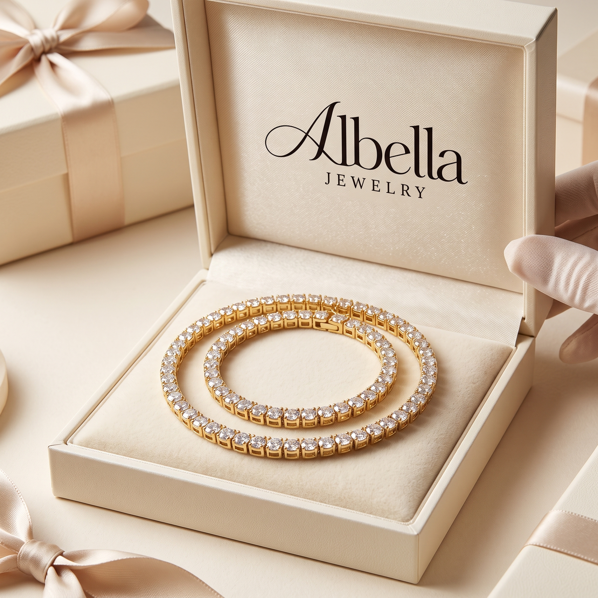 Gold Tennis Necklace in Albella Jewelry gift box