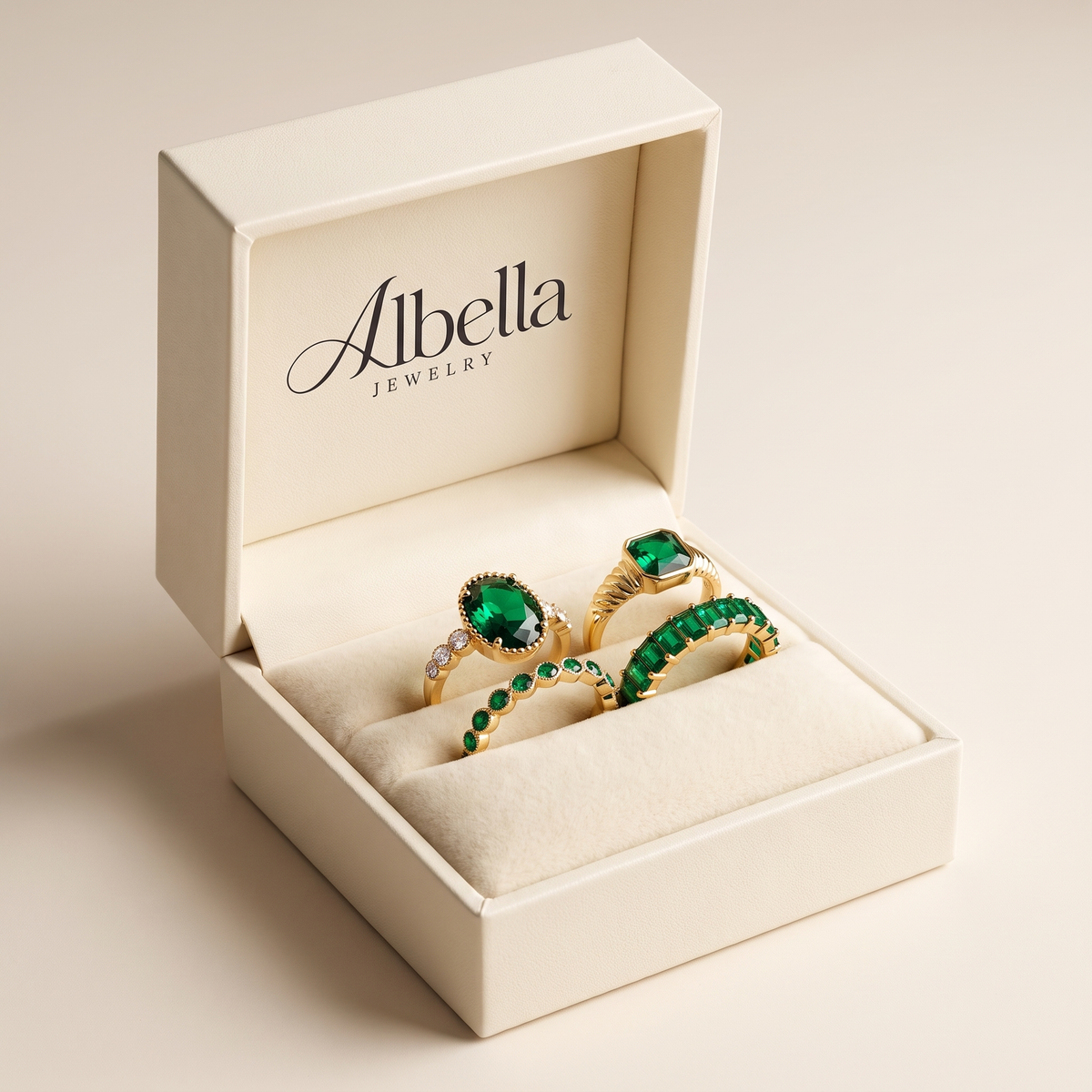 Zarina Exquisite Gold Ring Set with Emerald in Albella Jewelry gift box