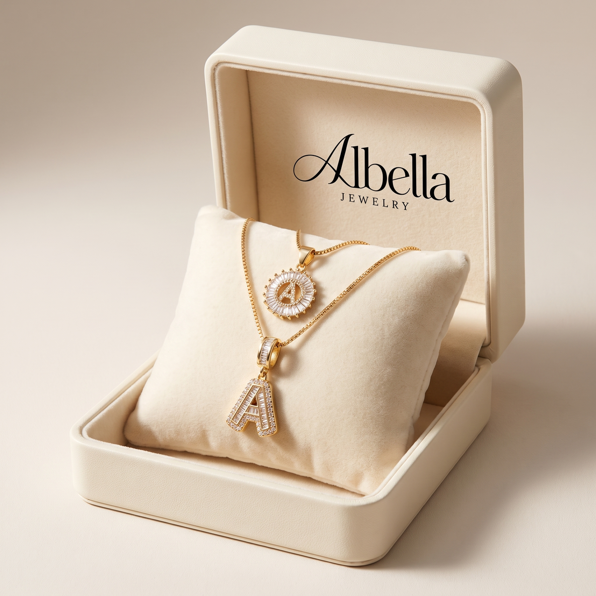 Pavé Initial Letter Necklace Set in Albella Jewelry gift box