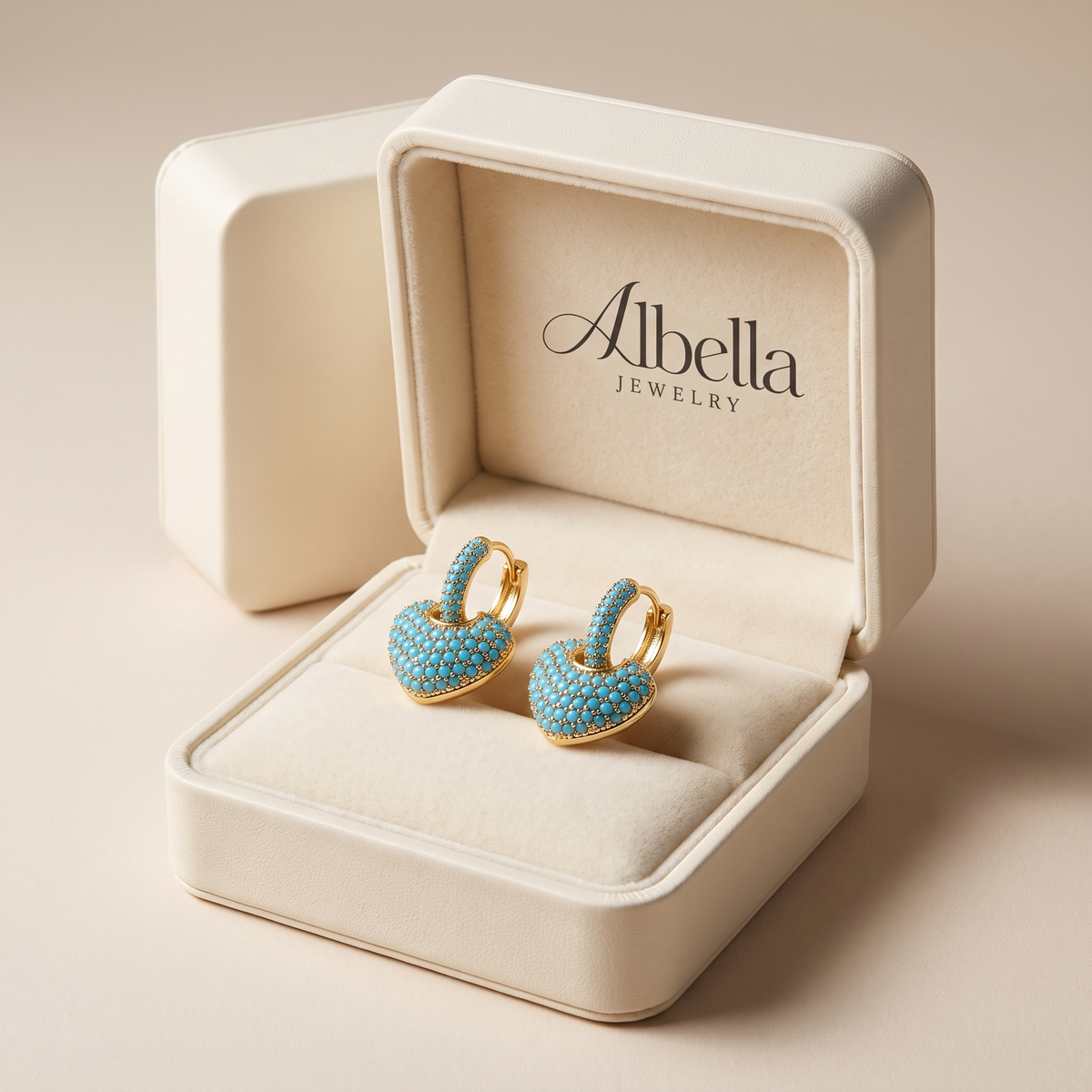 Elegant Turquoise Heart Earrings in Albella Jewelry gift box