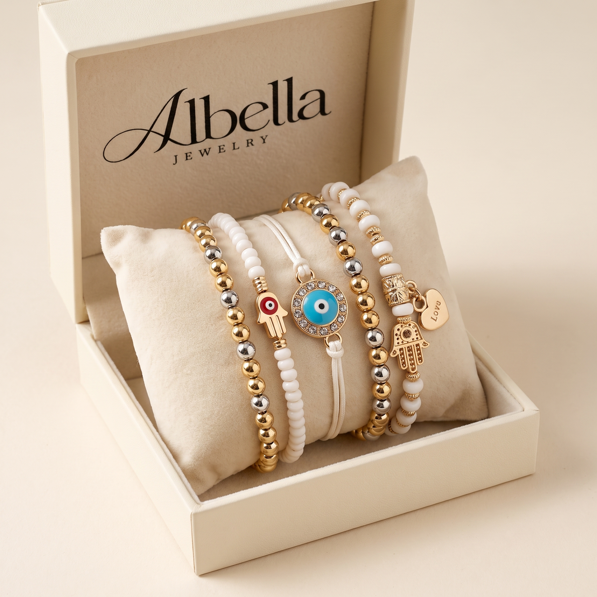 Elegant Gold Hamsa Bracelet Set in Albella Jewelry gift box