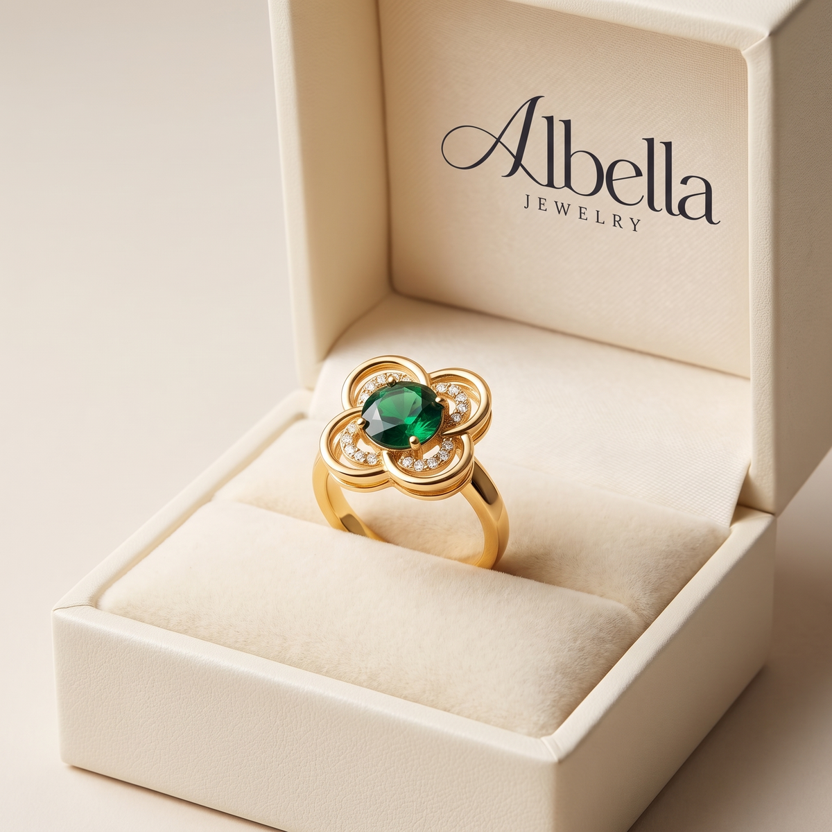 Clover Halo Emerald Spinner Ring in Albella Jewelry gift box