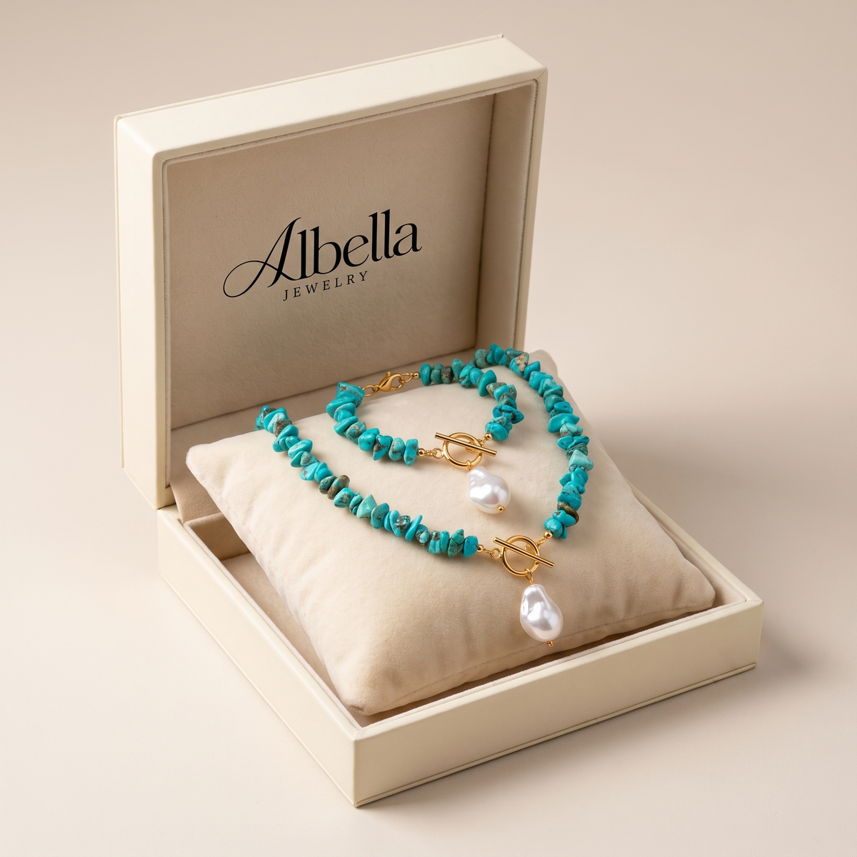 Turquoise & Pearl Necklace and Bracelet Set in Albella Jewelry gift box