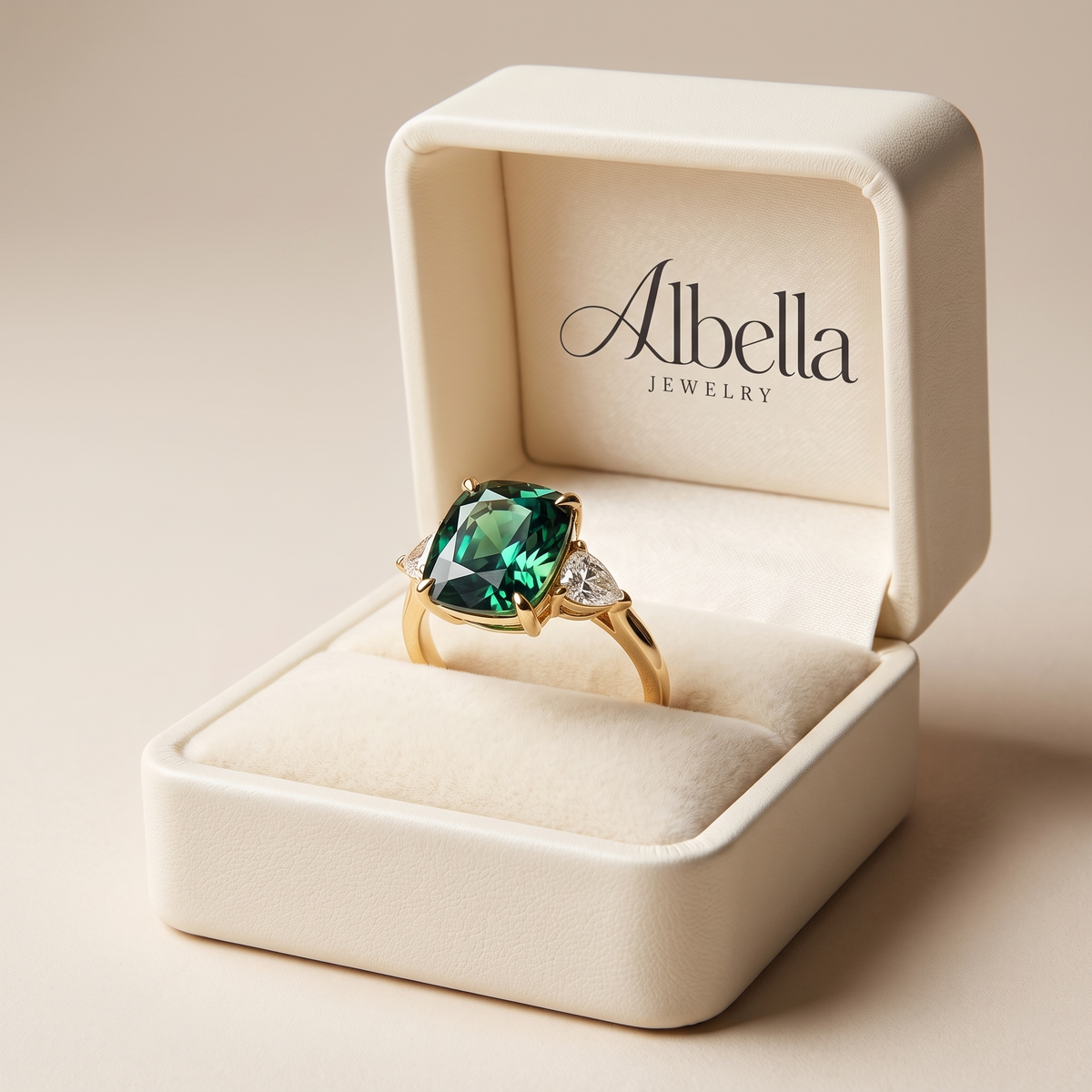 Vintage-Inspired Green Gemstone Ring in Albella Jewelry gift box