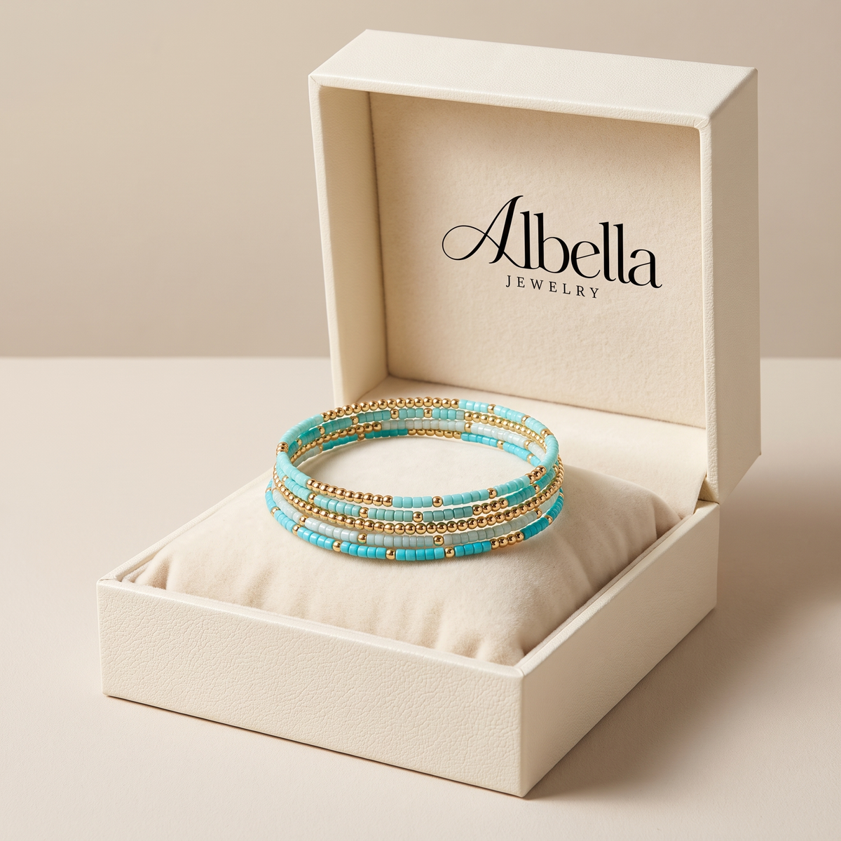 Subtle Turquoise Beaded Bracelet Set in Albella Jewelry gift box
