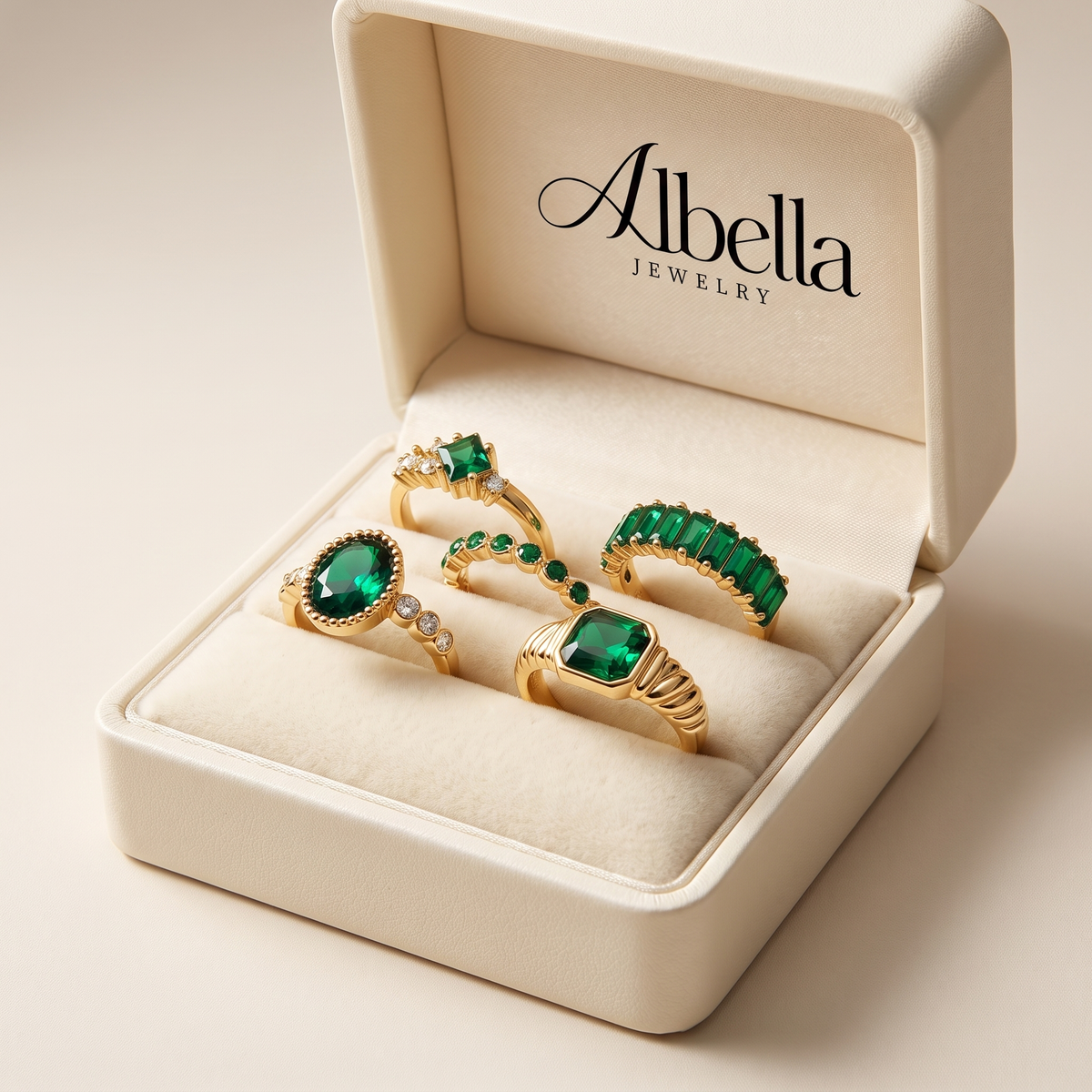Zarina Exquisite Emerald Ring Set in Albella Jewelry gift box