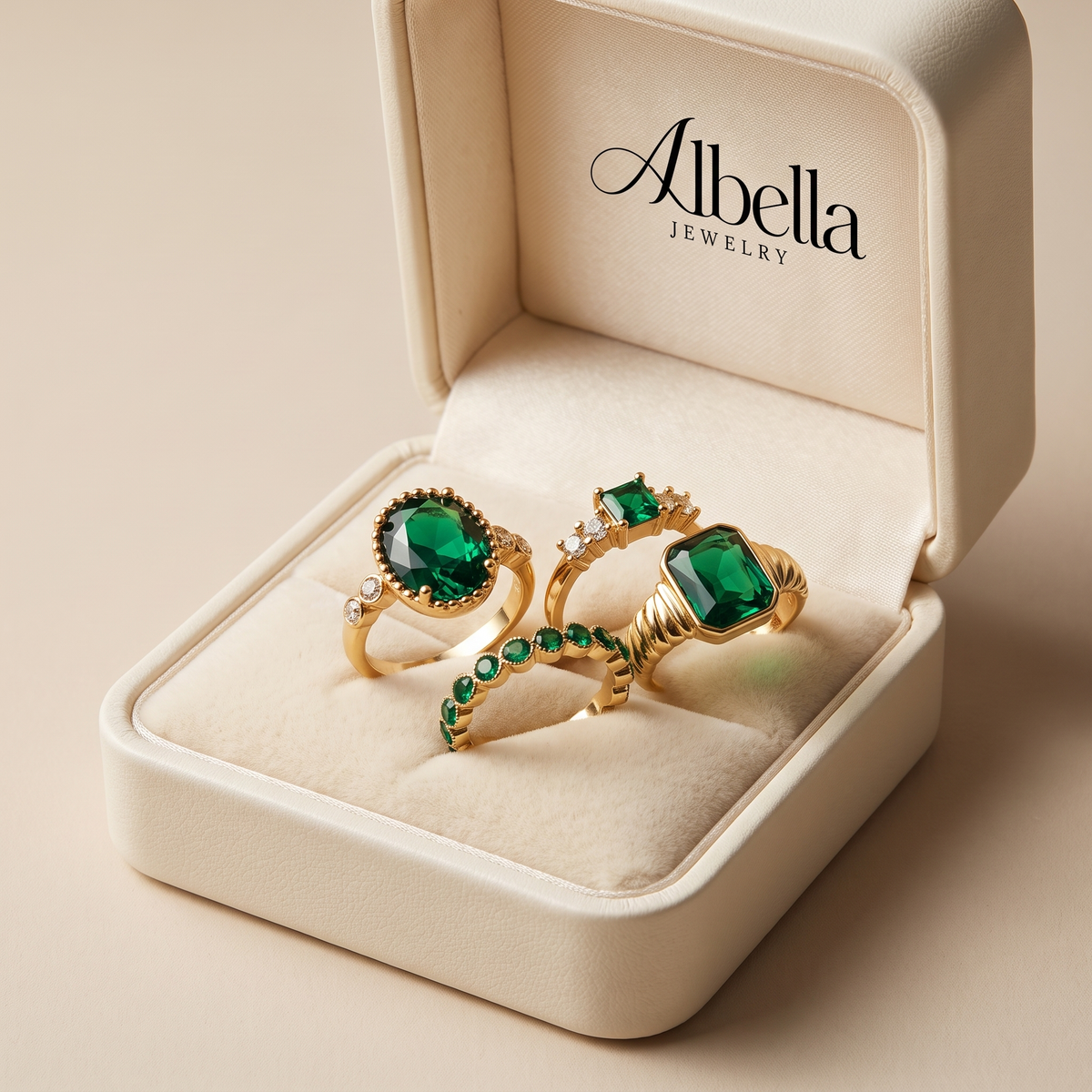 Zarina Exquisite Emerald Ring Set in Albella Jewelry gift box