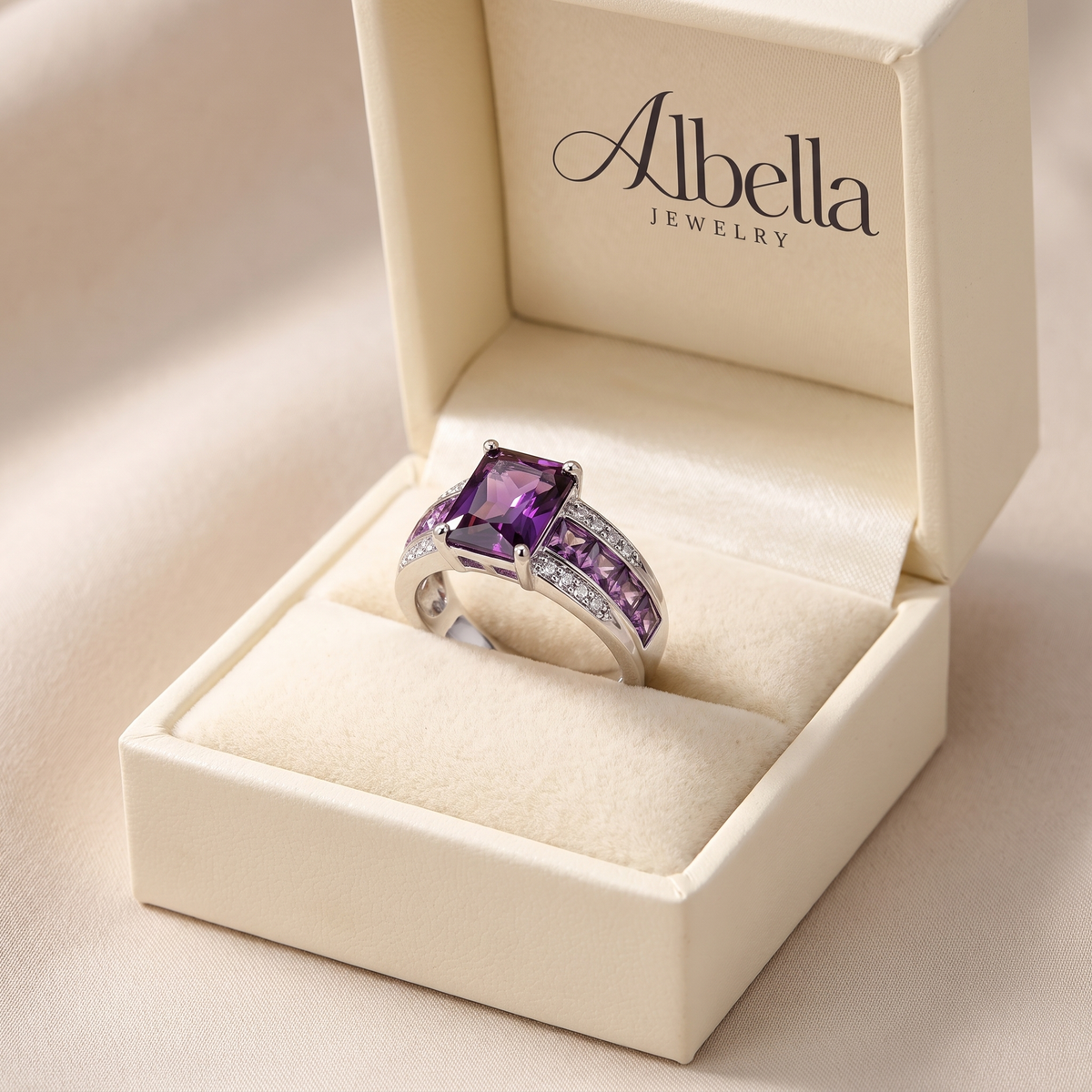 Silver Channel-Set Amethyst Ring in Albella Jewelry gift box