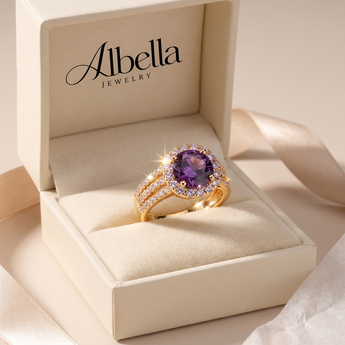 Amethyst Halo Gold Ring in Albella Jewelry gift box
