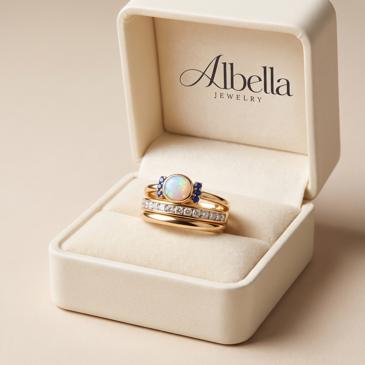 Gold Bezel-Set Stackable Ring Set in Albella Jewelry gift box