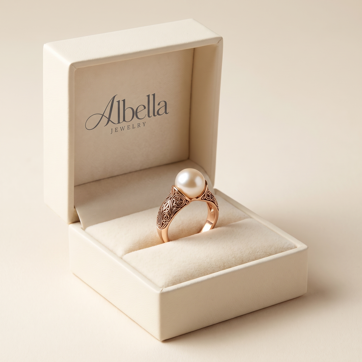 Filigree Gold Ring with Pearl in Albella Jewelry gift box