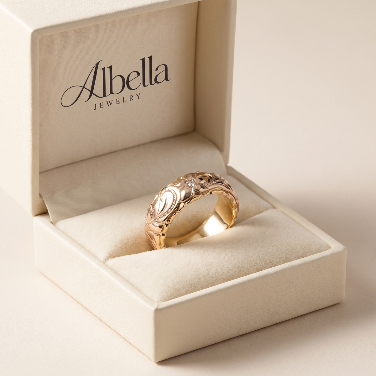 Antique-Inspired Rose Flower Gold Ring in Albella Jewelry gift box