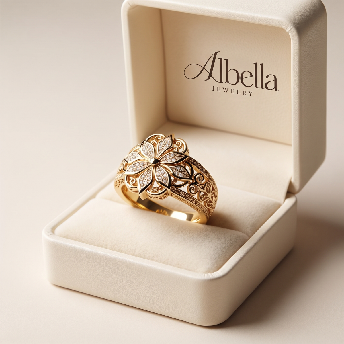 Exotic Flower Zirconia Gold Ring in Albella Jewelry gift box