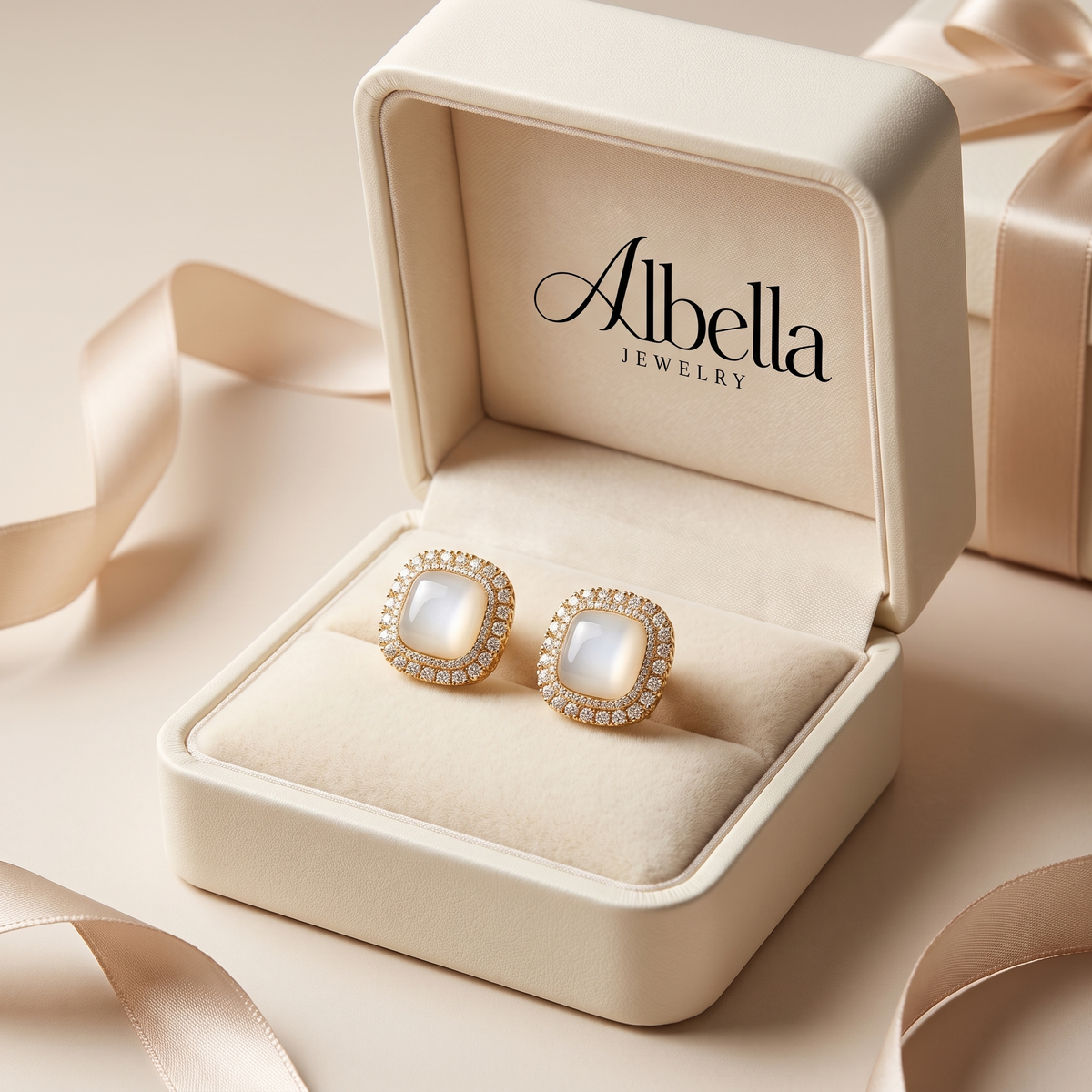 Chic Square Stud Earrings with Opal and CZ Crystal in Albella Jewelry gift box