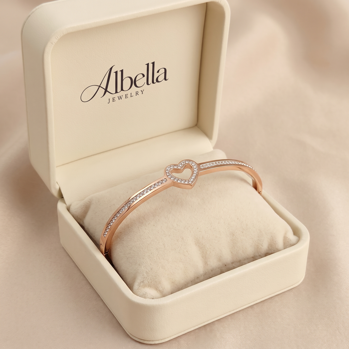 Chic Bangle Bracelets with Heart Charms in Albella Jewelry gift box