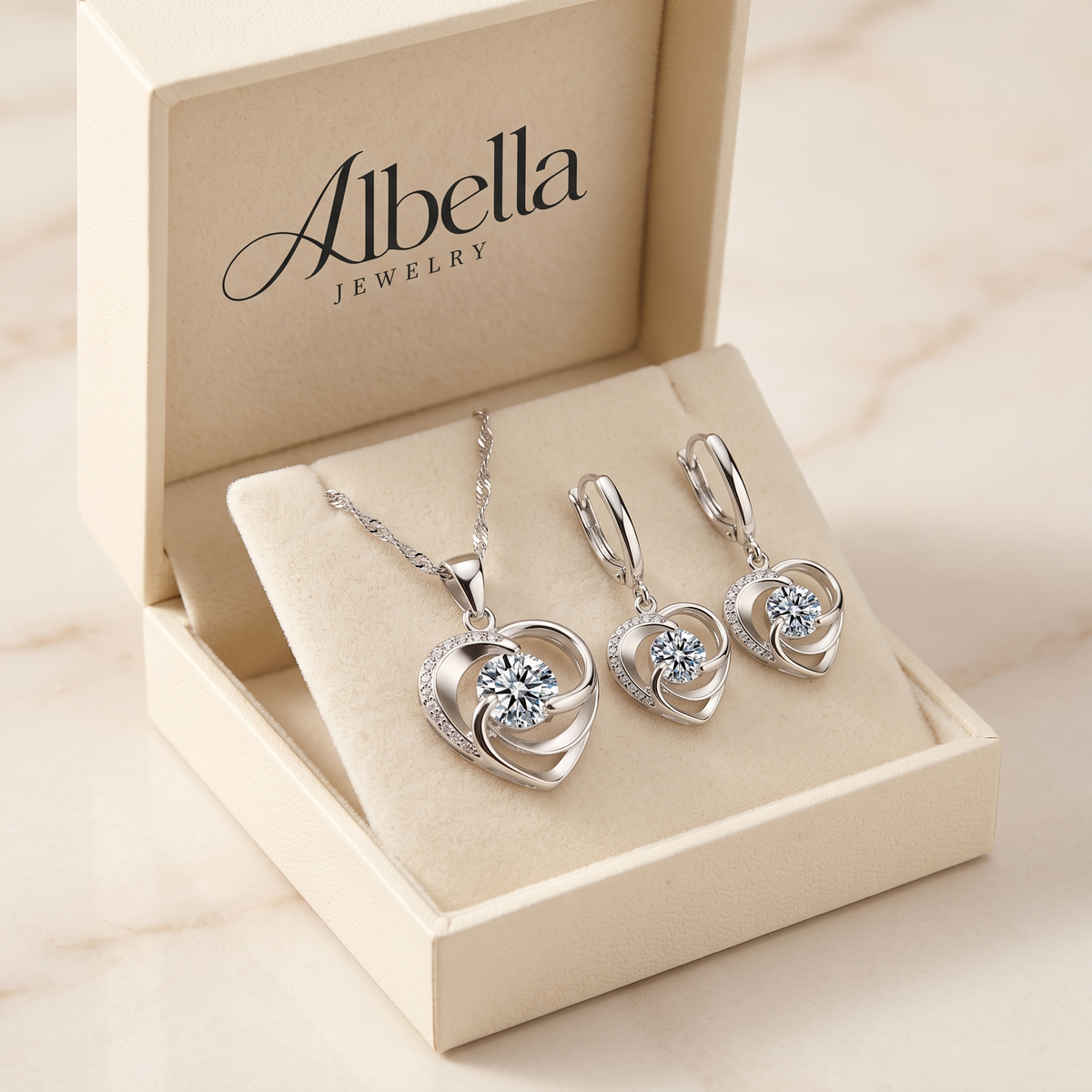 Sterling Silver Heart Necklace and Earring Set in Albella Jewelry gift box