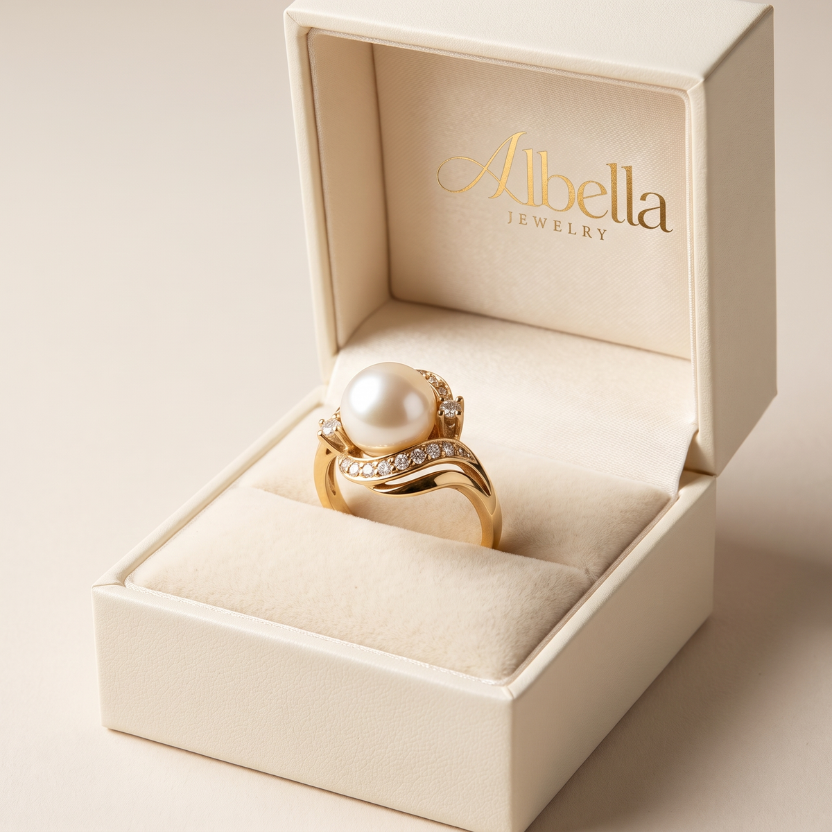 Chic Pearl and Radiant Gold Ring in Albella Jewelry gift box
