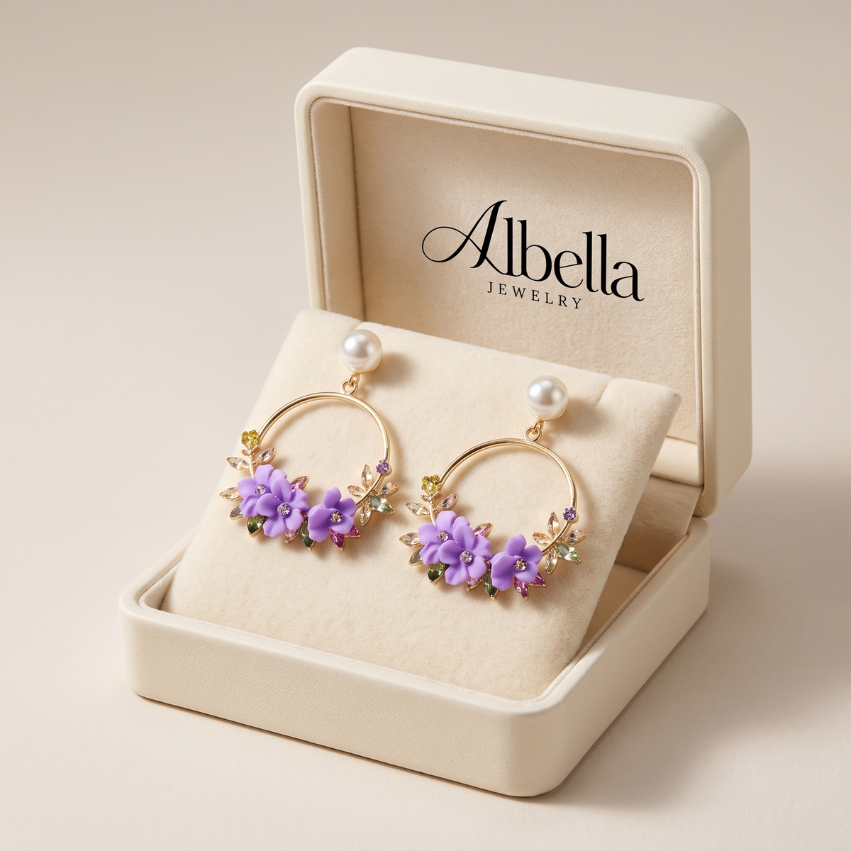 Elegant Gold Flower Earrings with Pearls in Albella Jewelry gift box