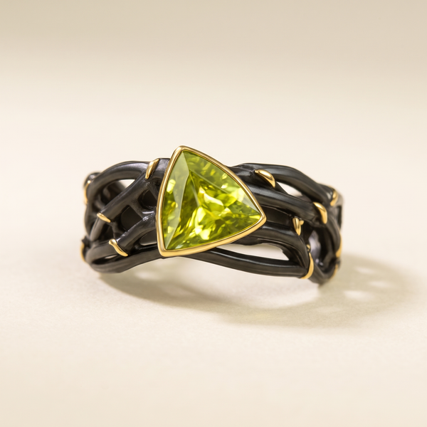Braided Black Gold Ring with Green Gemstone – Albella Jewelry