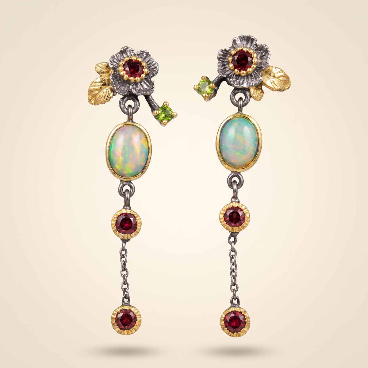 Bohemian Earrings with Opal and Red Zircon – Albella Jewelry