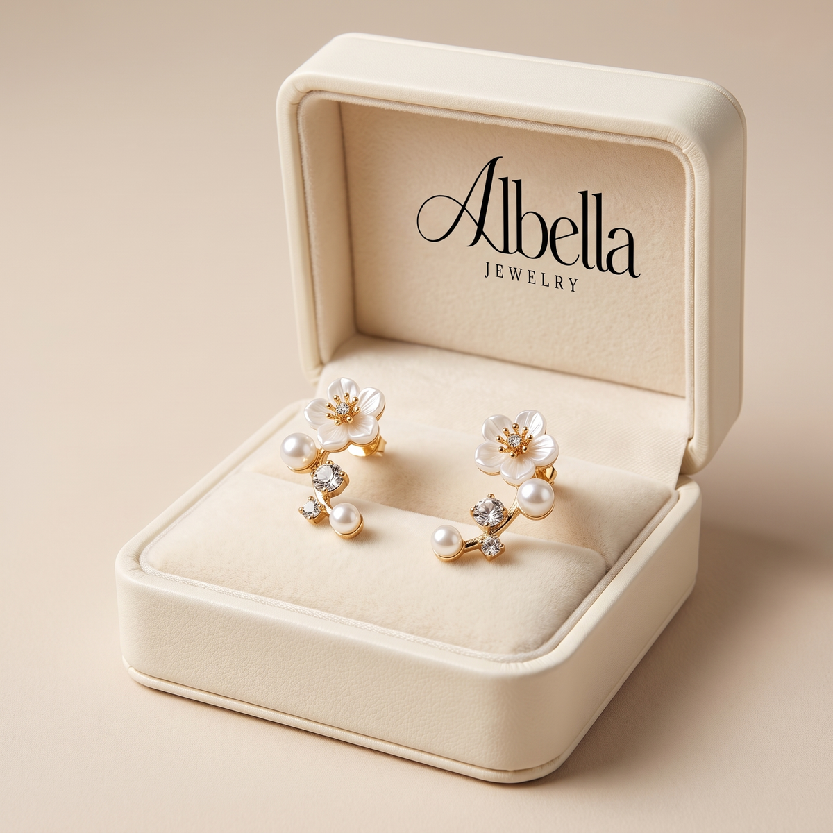Elegant Pearl Earrings with Floral Motif in Albella Jewelry gift box