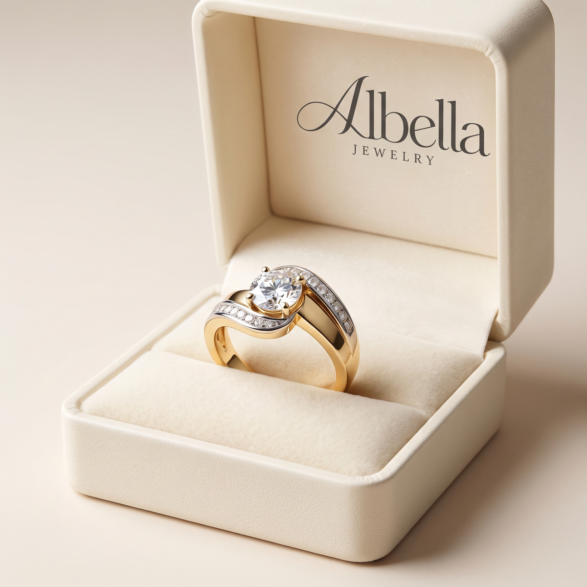 Antique-Inspired Irregular Gold and Silver Ring with Zircon in Albella Jewelry gift box