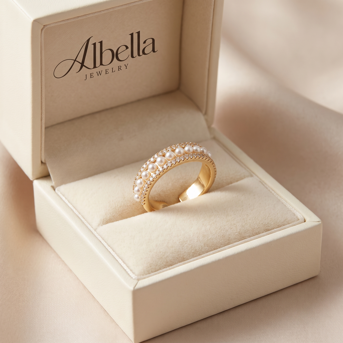 Exclusive Luxe Gold Ring with Pearl in Albella Jewelry gift box