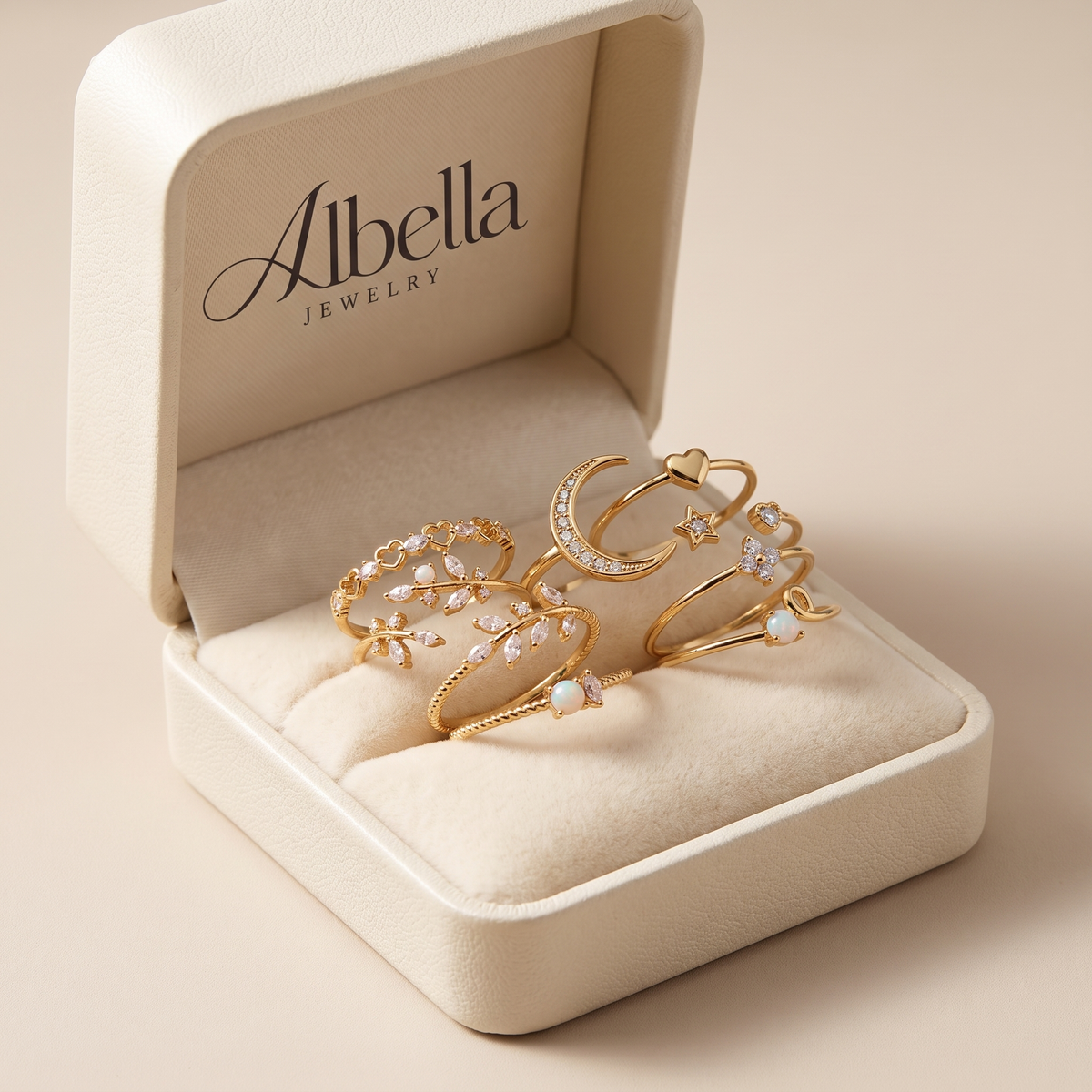 10-Piece Bohemian Gold and Silver Ring Set in Albella Jewelry gift box