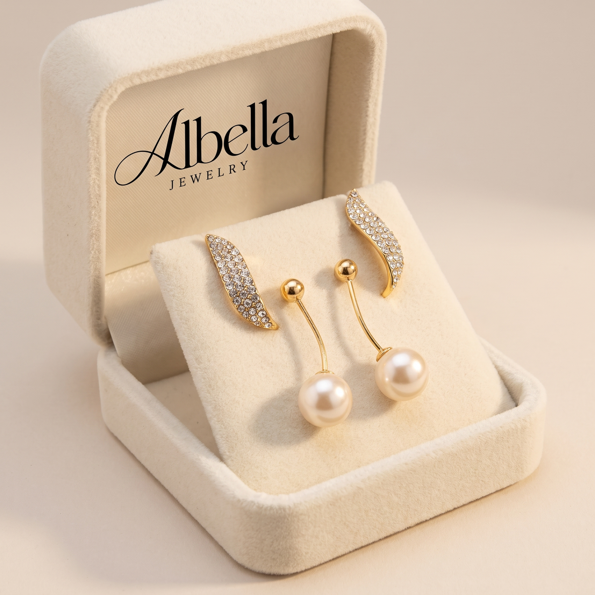 Chic Gold Dangle Earrings with Pearls in Albella Jewelry gift box