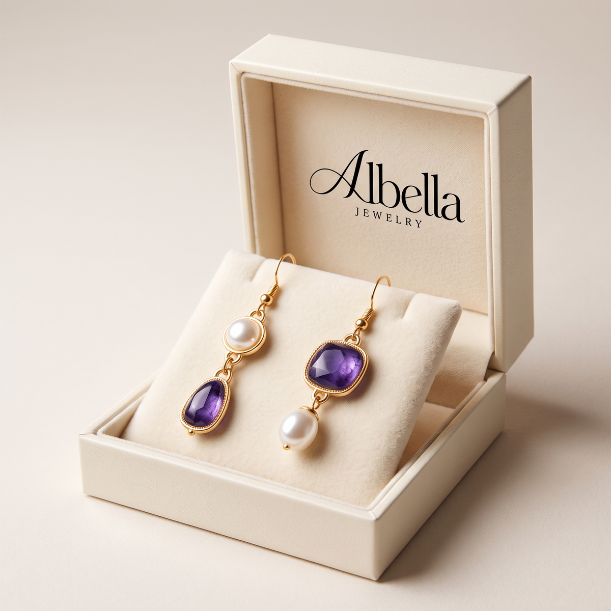 Elegant Earrings with Blue Stone and Pearls in Albella Jewelry gift box