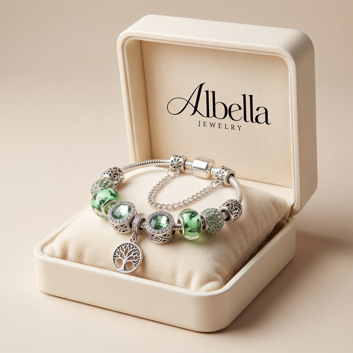 Chic Silver Bracelet with Green Crystal in Albella Jewelry gift box
