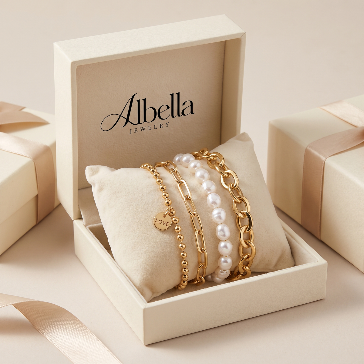 Charming Gold Bracelet Set with Pearls in Albella Jewelry gift box