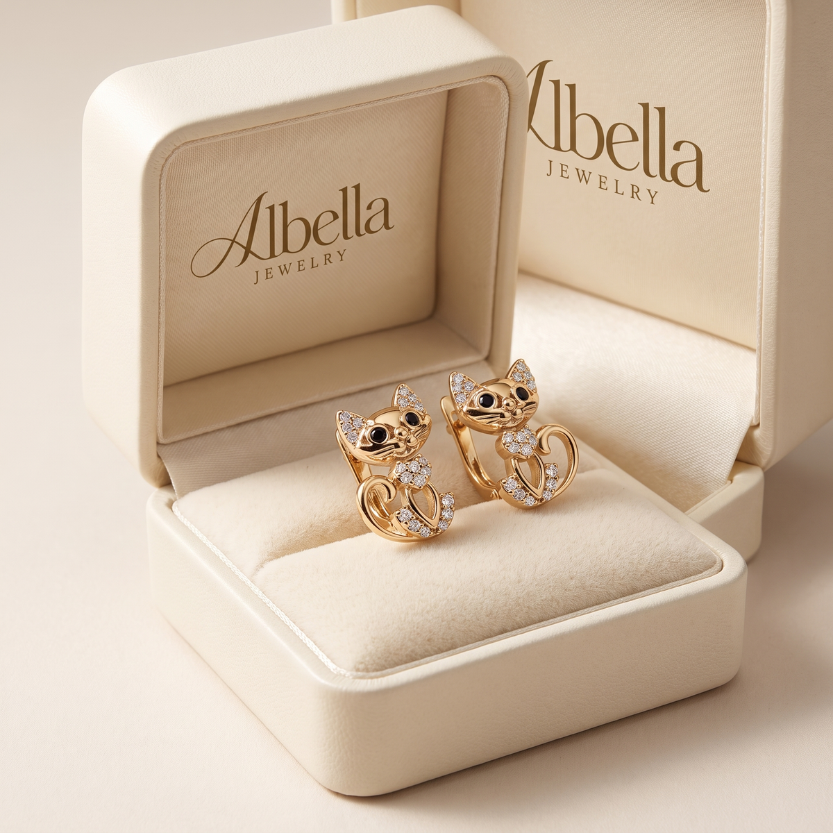 Elegant Cat Earrings with Zircon in Albella Jewelry gift box