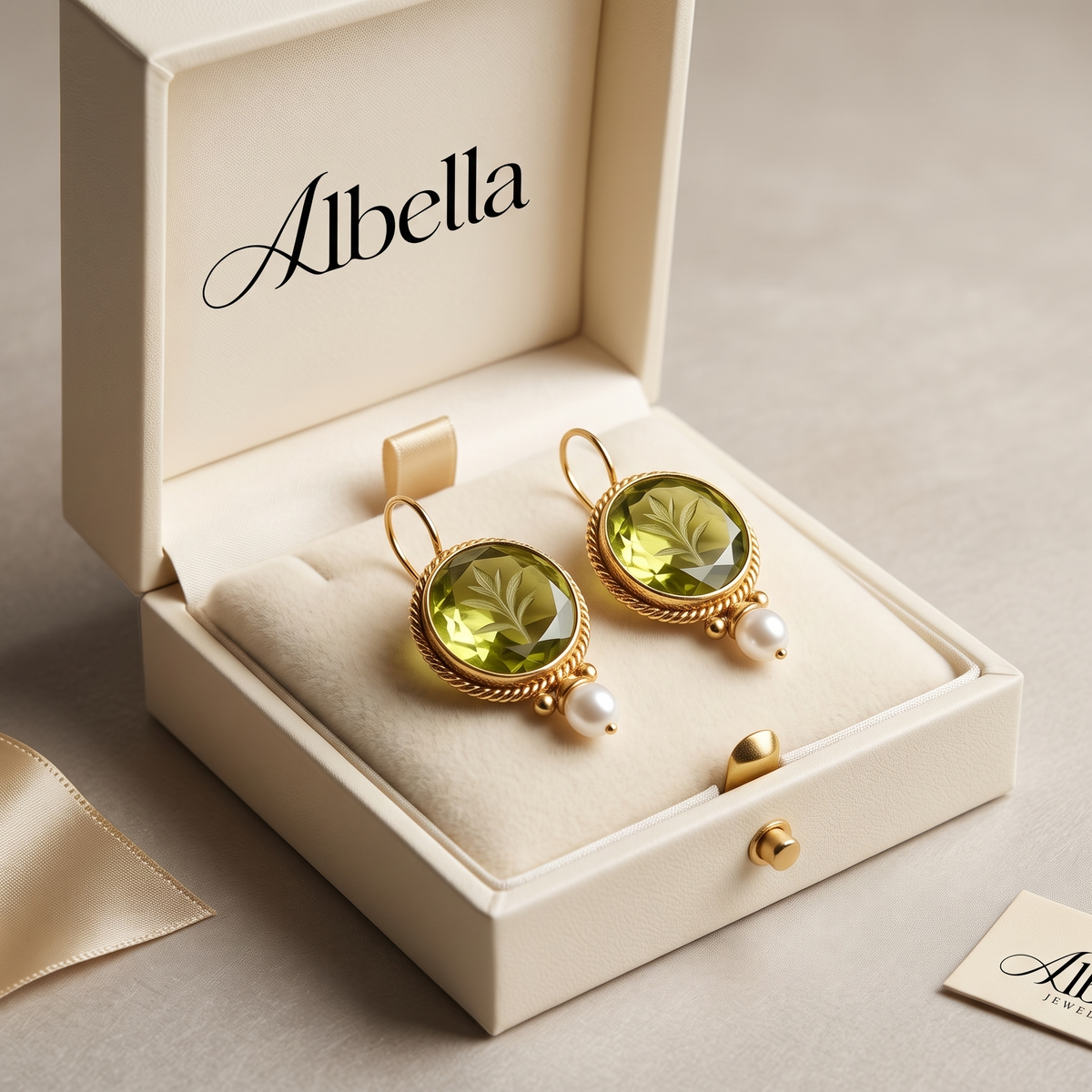 Retro Classic Earrings with Green Stones and Pearls in Albella Jewelry gift box