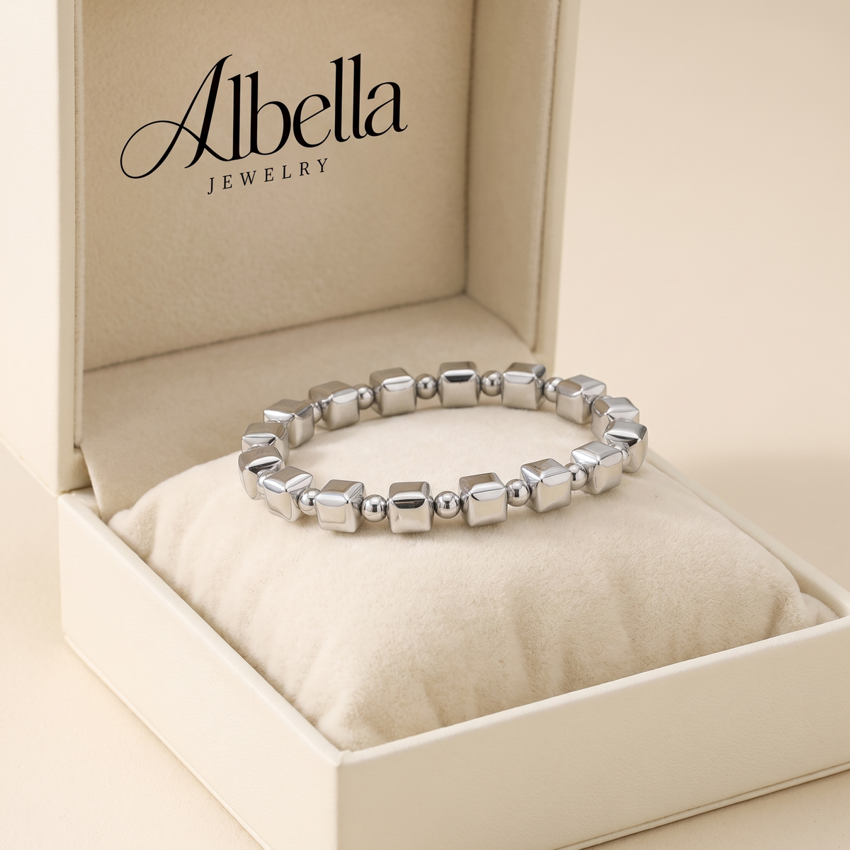 Timeless Silver Bracelet with Cube Pearl Details in Albella Jewelry gift box